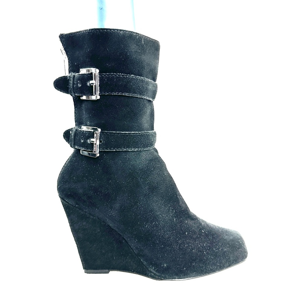 Michael Kors Women Size 7 Black Suede Ankle Boot Wedge Heel Zip Buckles